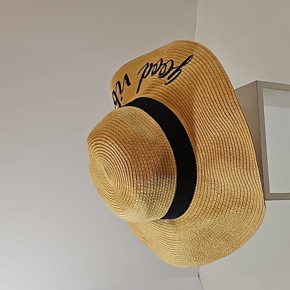 C.C Exclusive Fashionable Sunhat paper straw Good Vibes black embroidery design - Picture 6 of 17